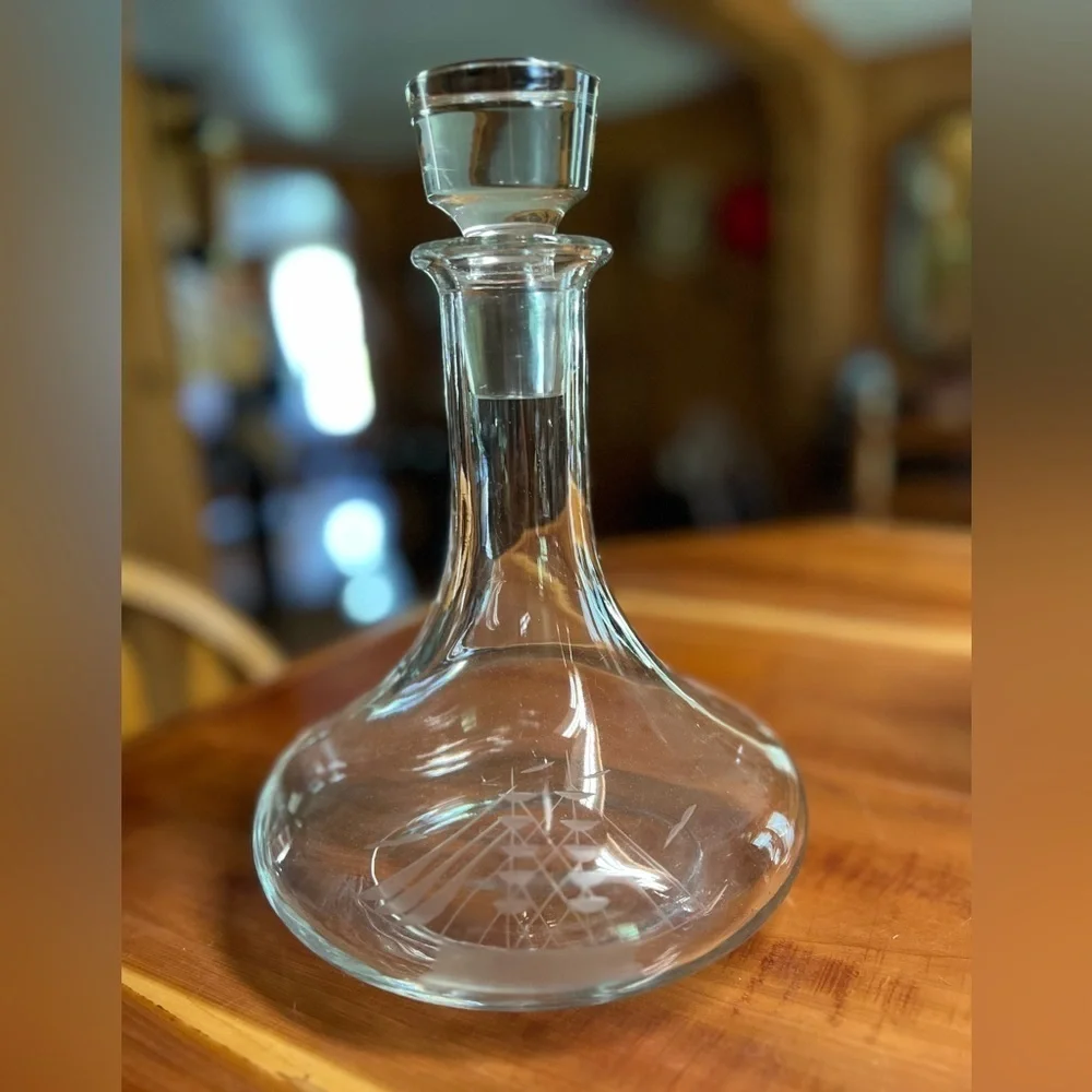 Vintage Brandy Liquor Crystal Decanter Ship Etched in Glass